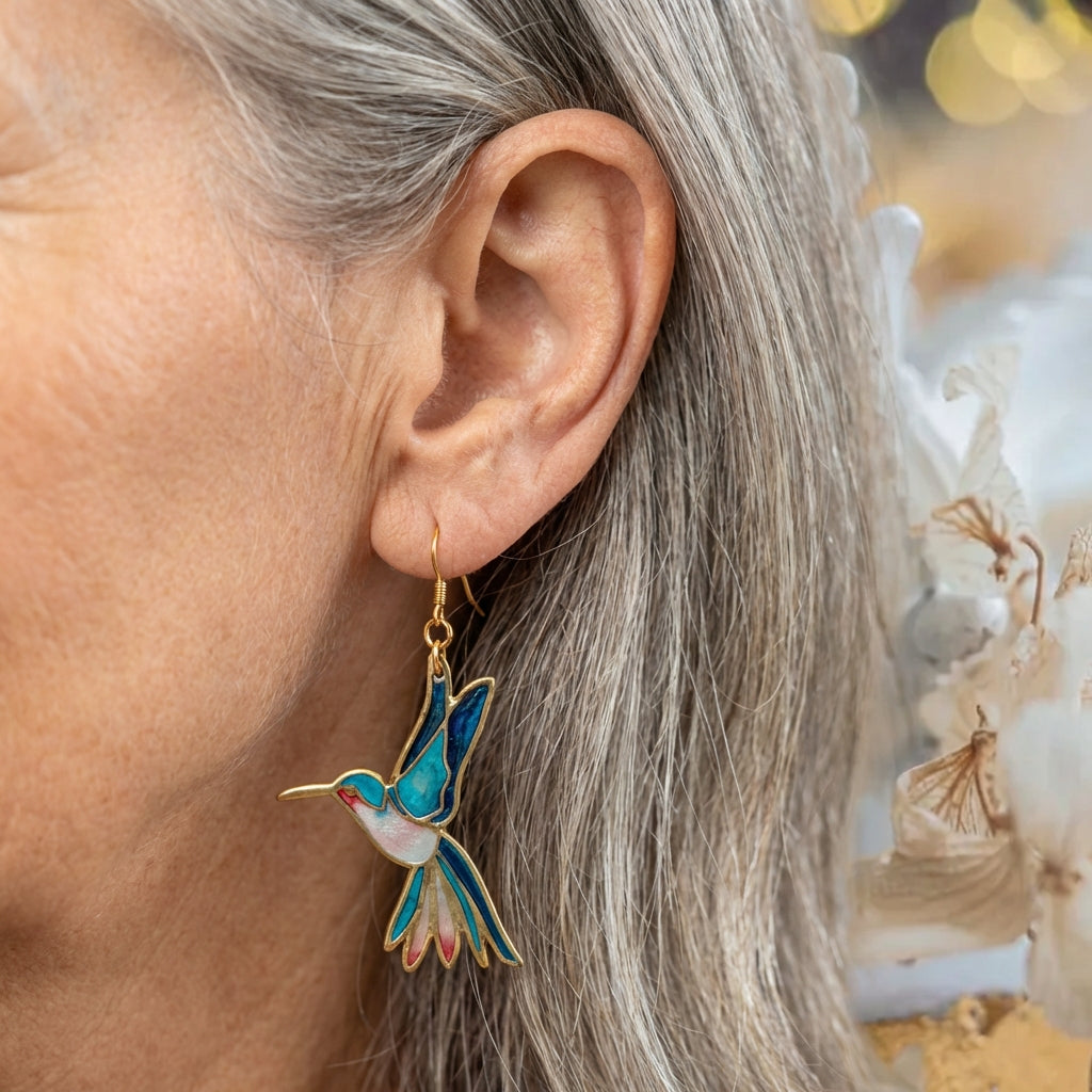 Vintage Blue Enamel Hummingbird Earrings