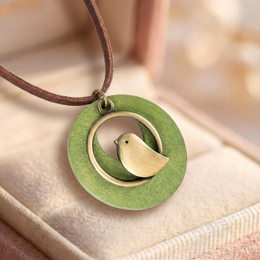 Vintage Boho Green Wood Bird Pendant Long