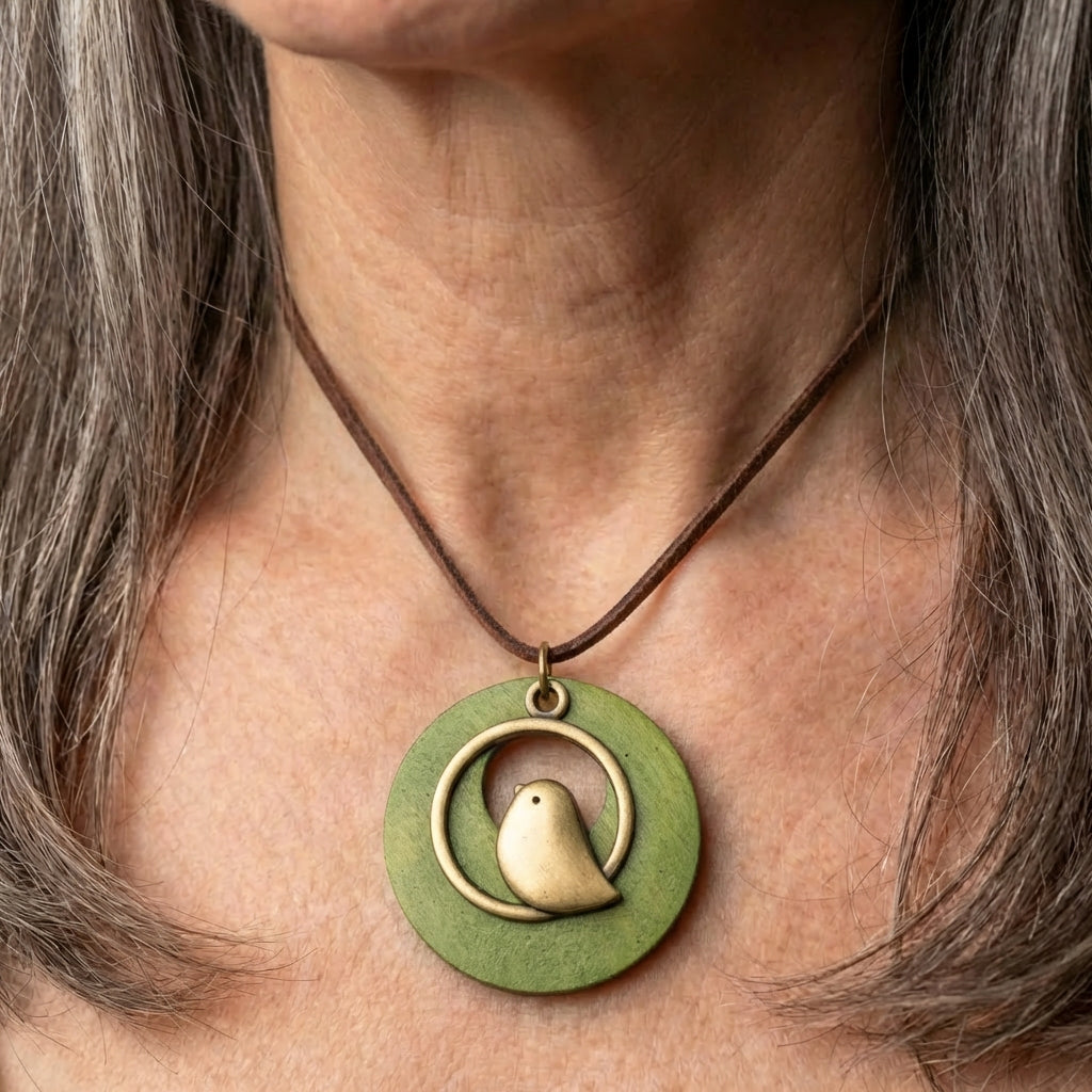 Vintage Boho Green Wood Bird Pendant Long