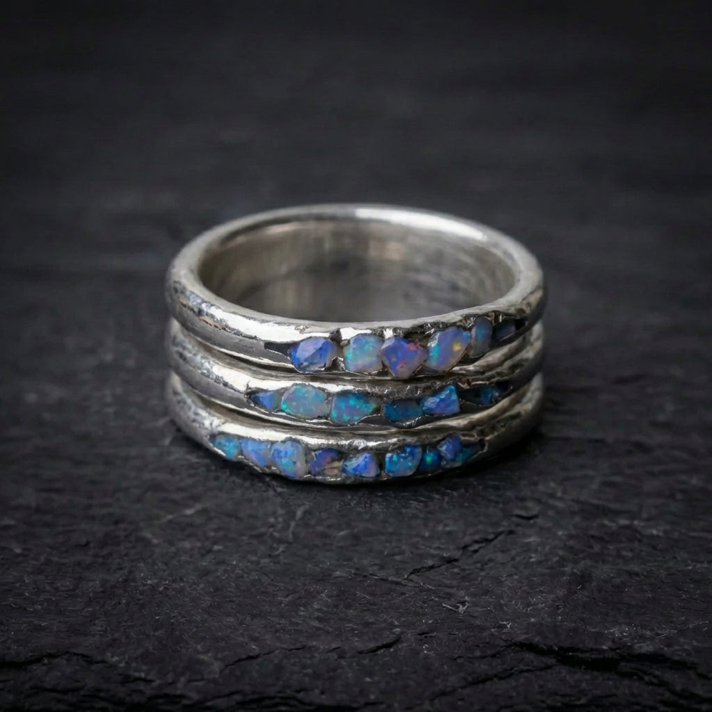 Vintage Boho Rustic Silver Opal Band Ring