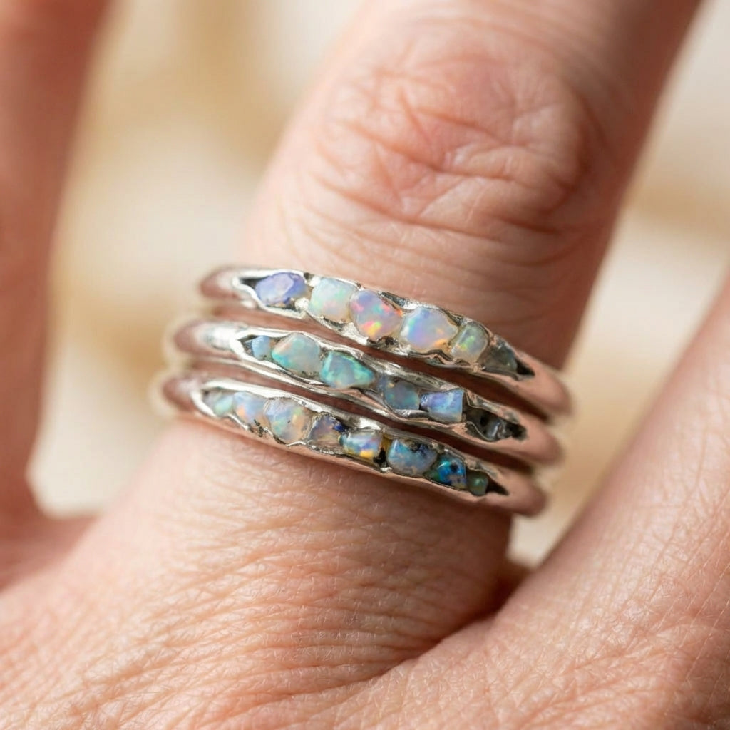 Vintage Boho Rustic Silver Opal Band Ring