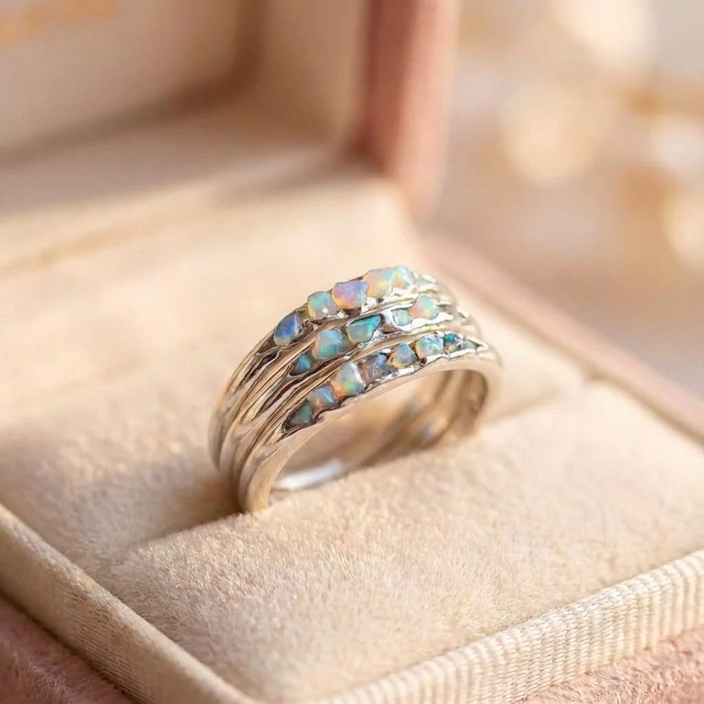 Vintage Boho Rustic Silver Opal Band Ring