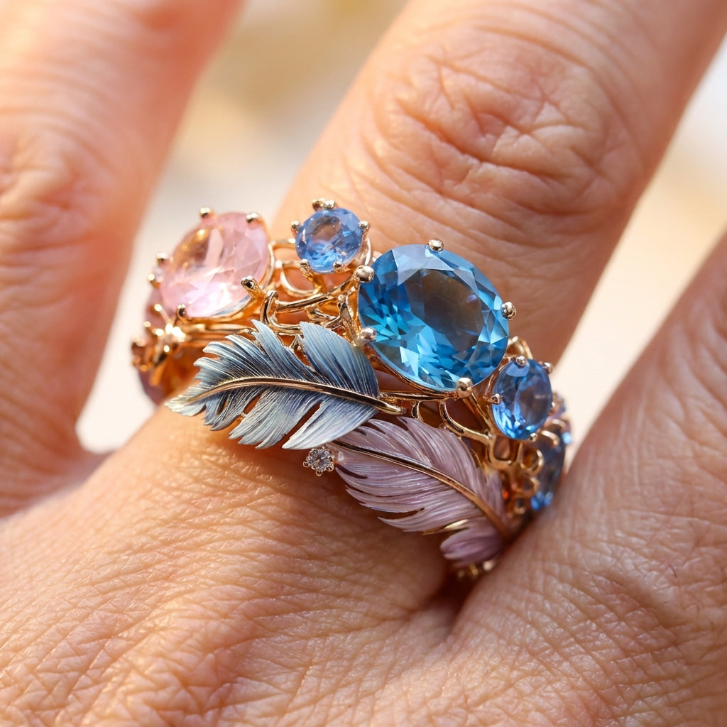 Vintage Exotic Feather Crystal Ring