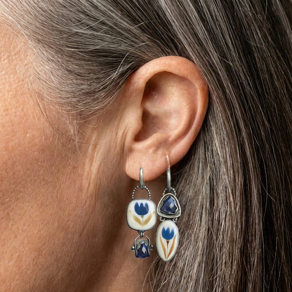 Vintage Flower Carving Blue Stone Dangle Silver Earrings