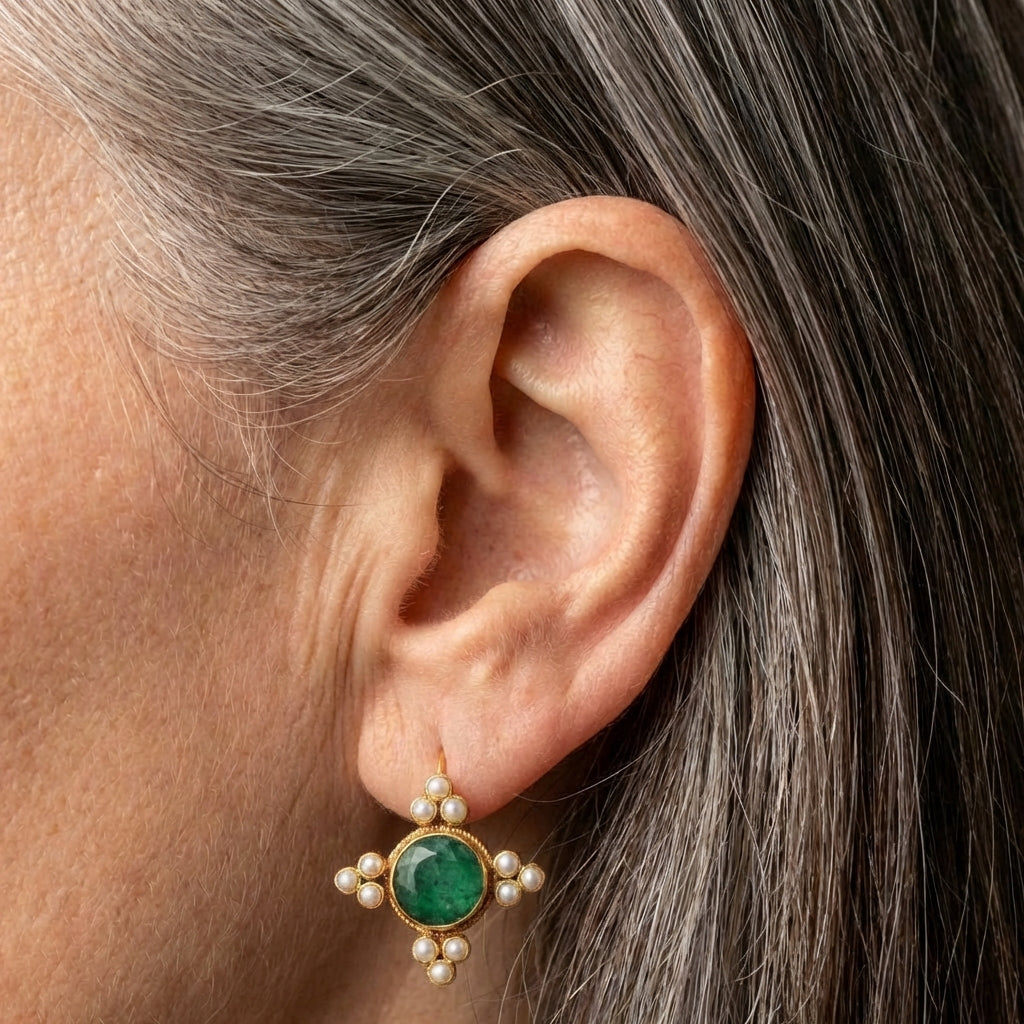 Vintage Green Crystal & Pearls Earrings