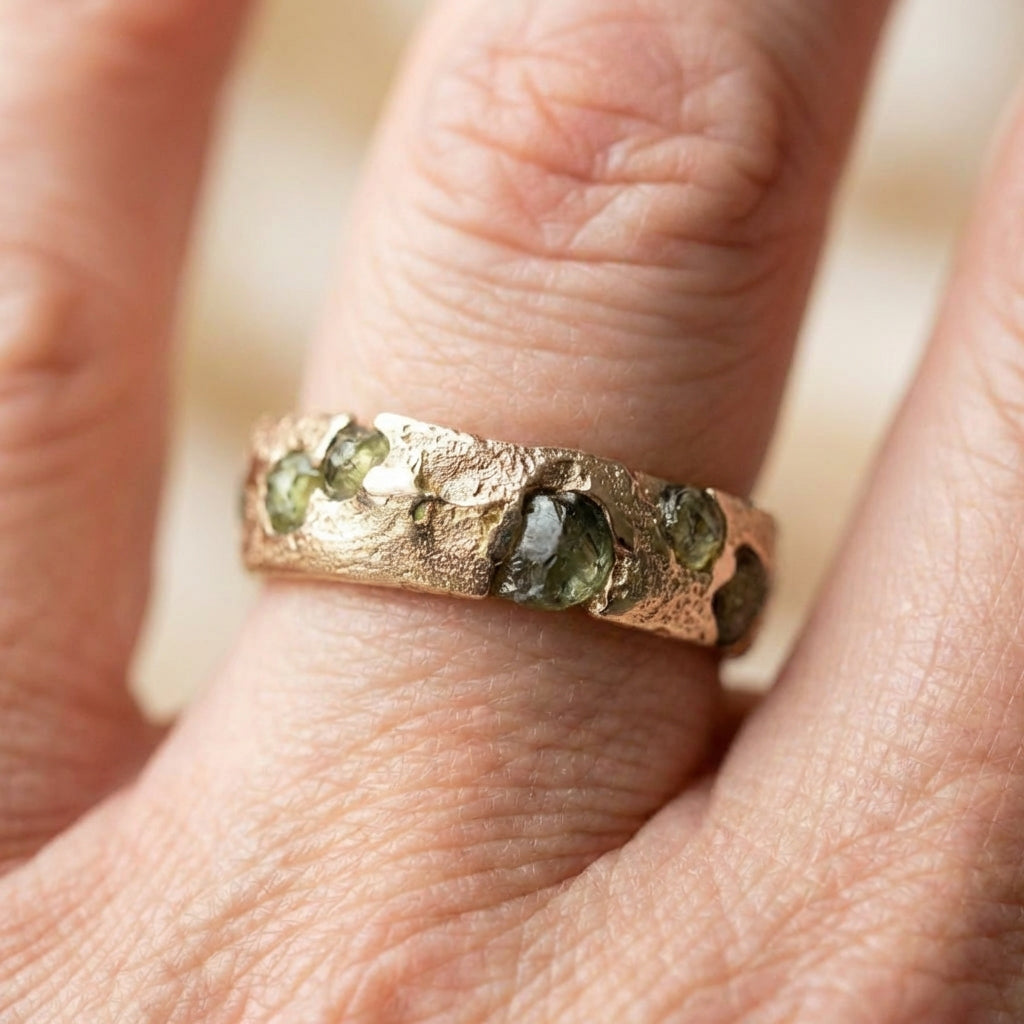 Vintage Green Golden Forged Ring