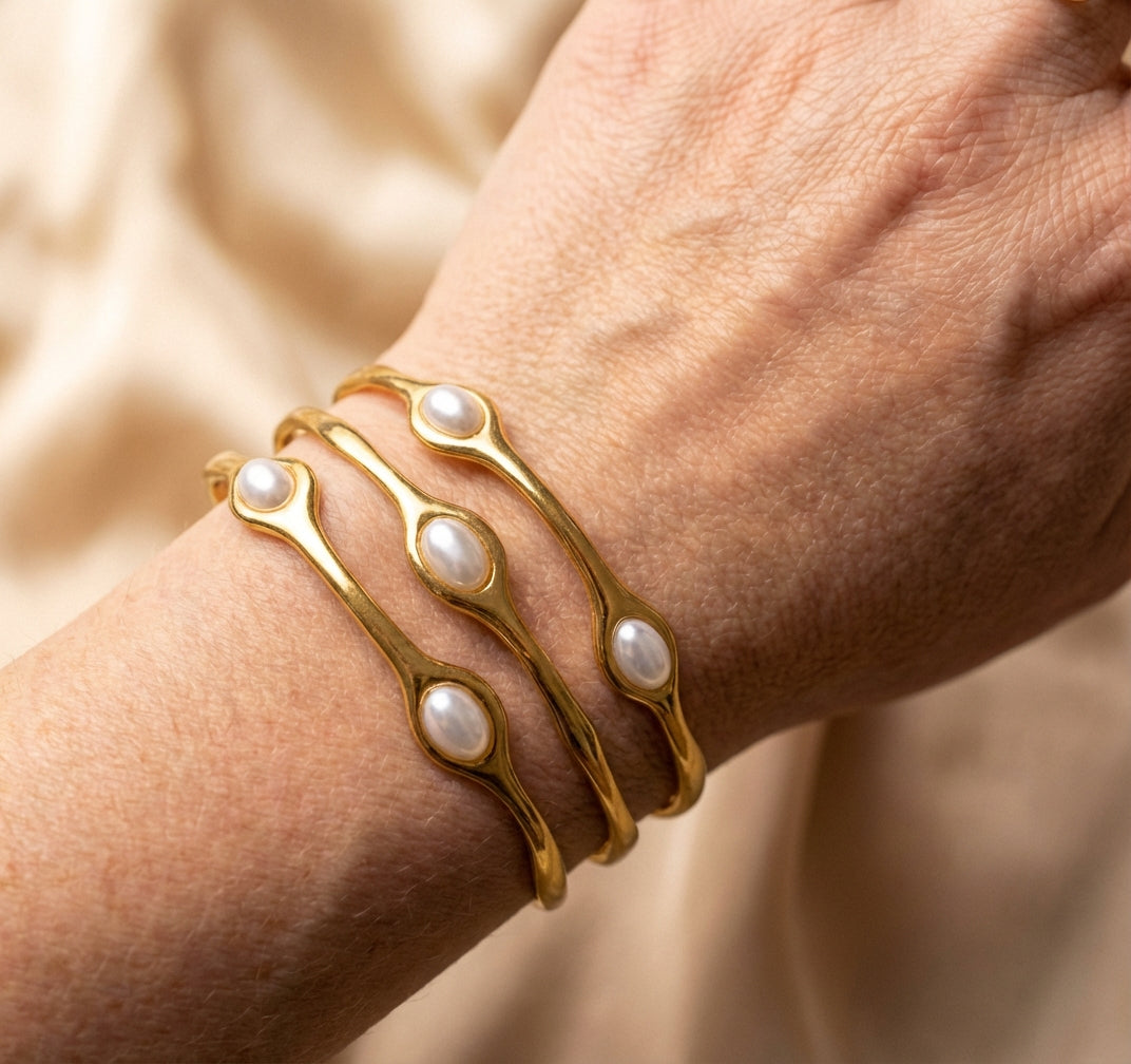 Vintage Layered Gold Pearl Bangle Bracelet