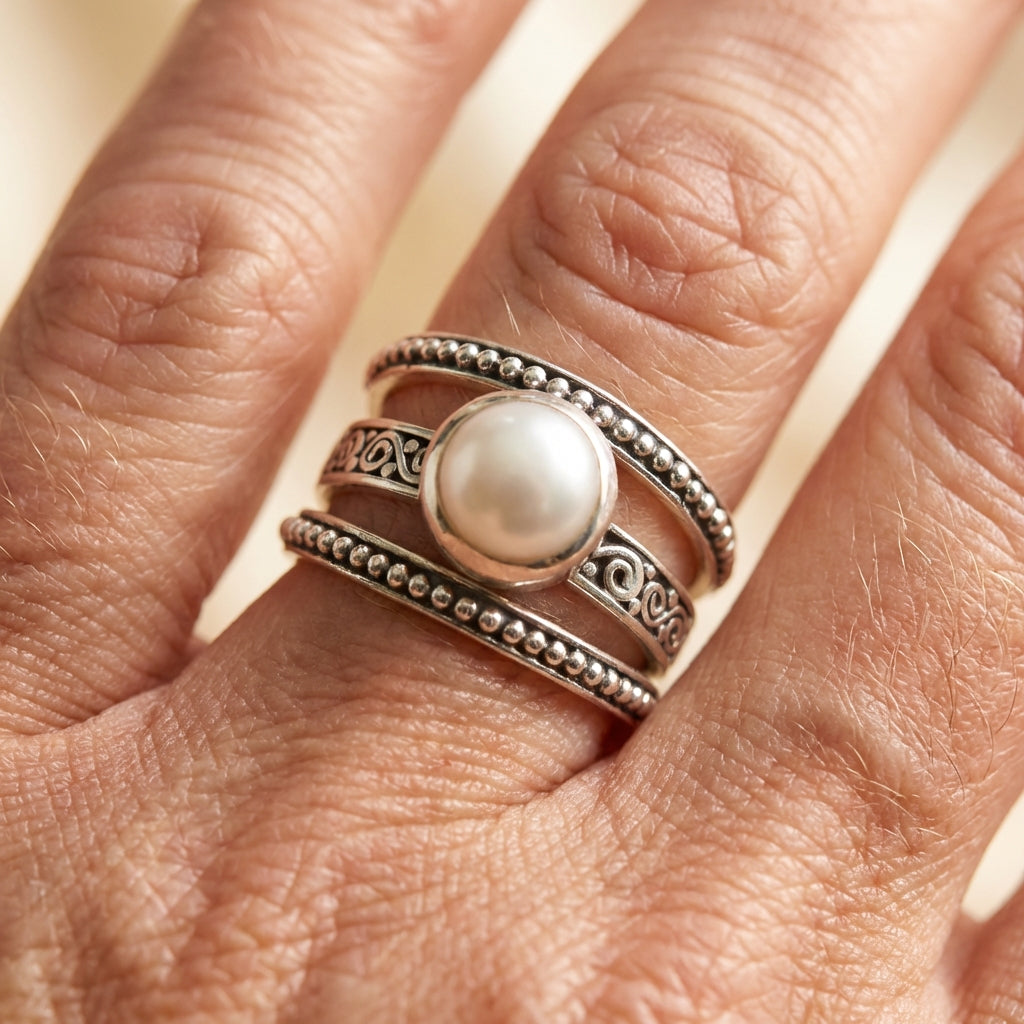 Vintage Layered Silver Pearl Ring