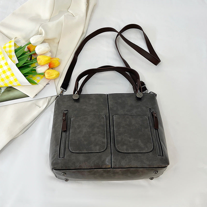Vintage Leather Convertible Handbag – Dual Side Zip Pocket Top Handle Crossbody Tote
