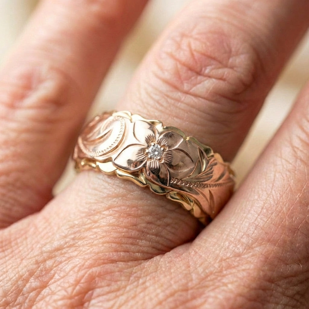 Vintage Rose Gold Flower Engraved Ring