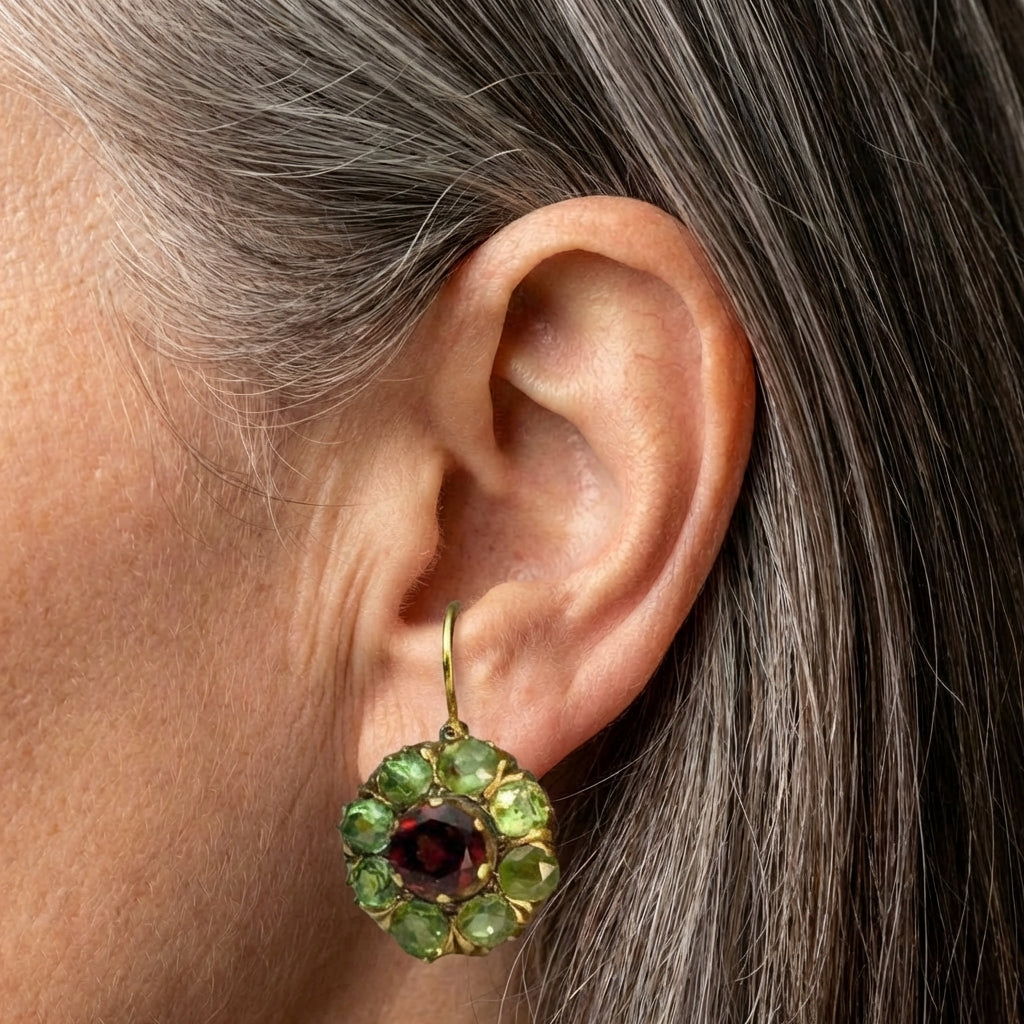 Vintage Rounded Green & Red Crystal Earrings
