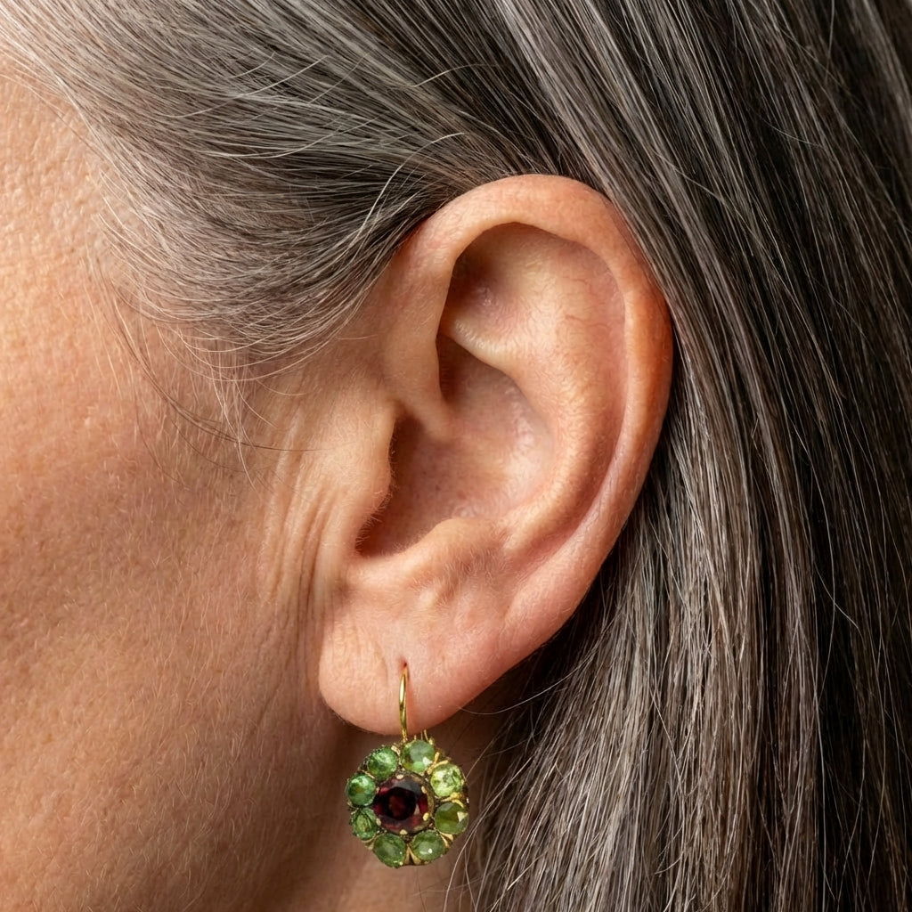 Vintage Rounded Green & Red Crystal Earrings