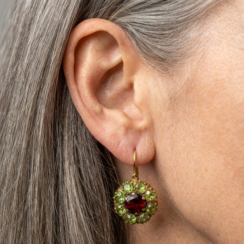 Vintage Rounded Green & Red Crystal Earrings
