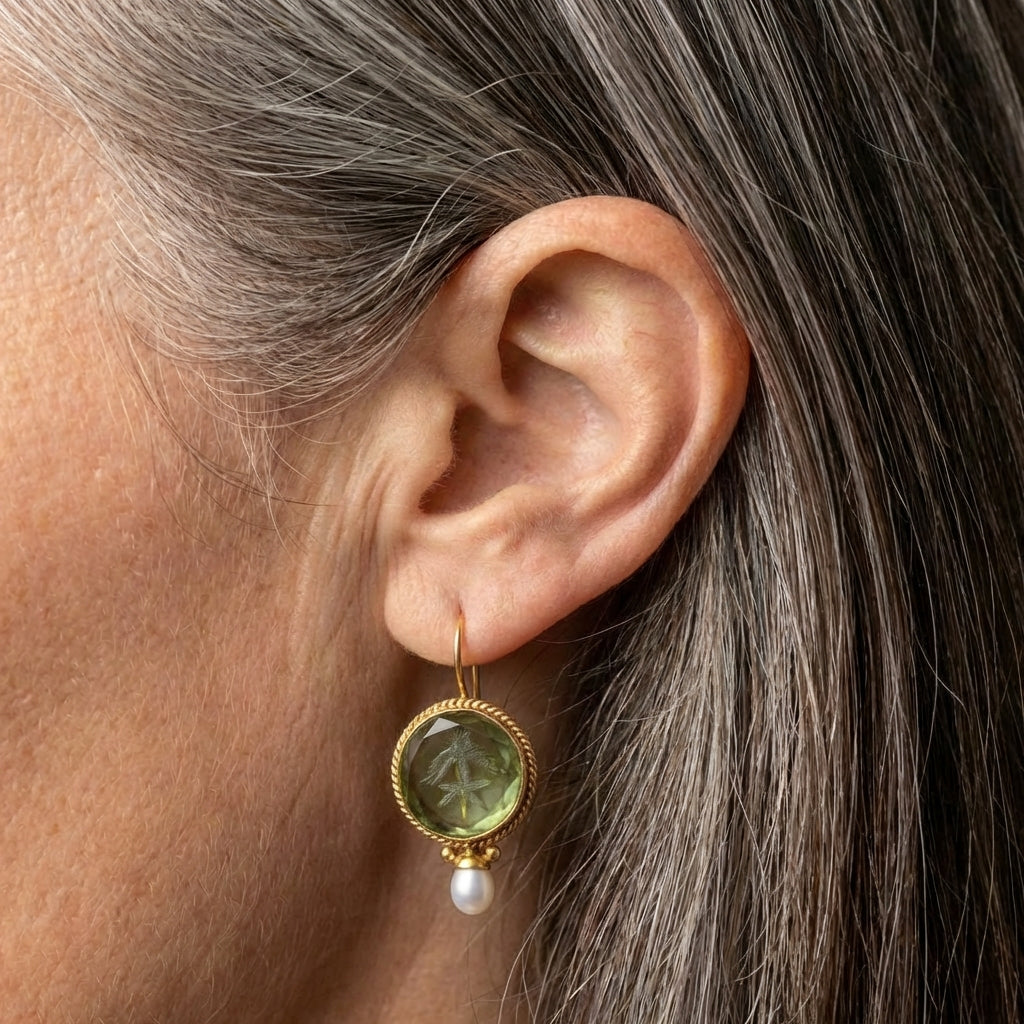 Vintage Rounded Green Stone Pearl Earrings
