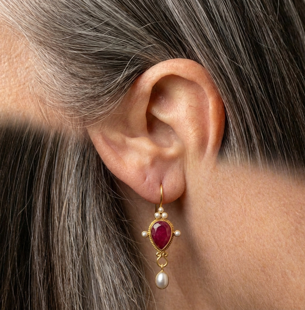 Vintage Ruby Pearl Earrings