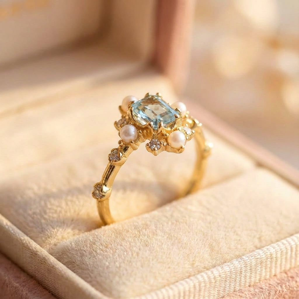 Vintage Sky Blue Gem Pearl Ring