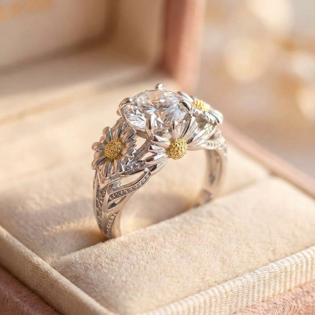 Vintage Yellow Sunflower & Silver Ring