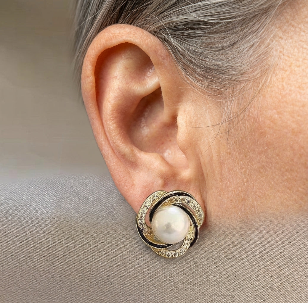 Vintage Zircon Wrapped Flower Pearl Earrings