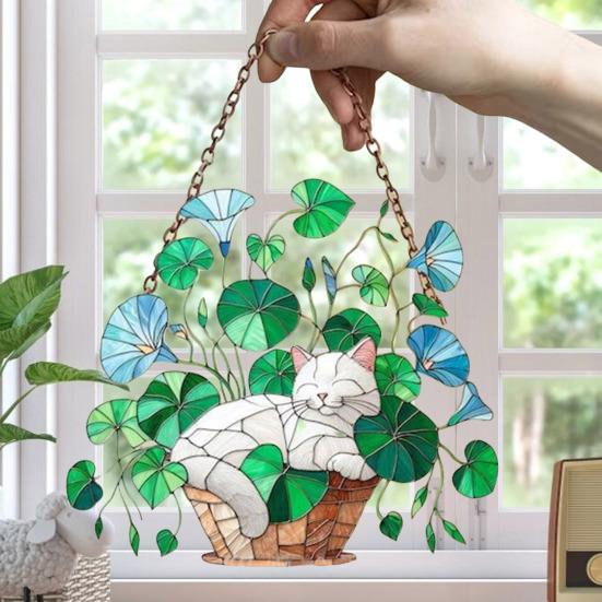 White Cat Lily Pad Basket Suncatcher