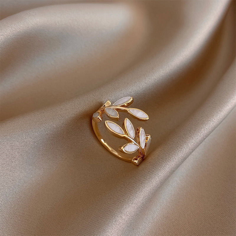 White Opal Leaf Adjustable Ring In Gold