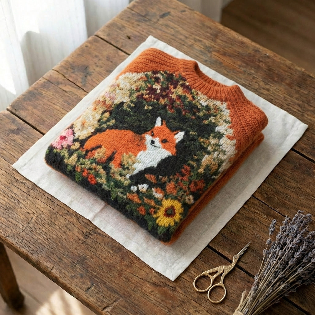 Wool Pullover With Fox And Wildflower Design