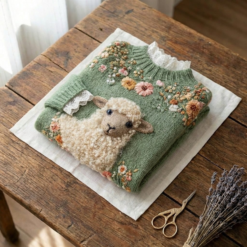 Wool Pullover With Lamb And Floral Wreath