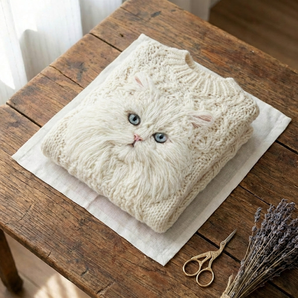 Wool Sweater With Fluffy White Cat Face