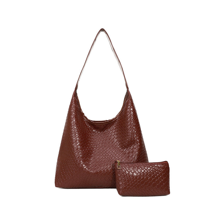 Woven Leather Bucket Shoulder Bag – 2 Piece Set With Matching Zip Clutch Pouch