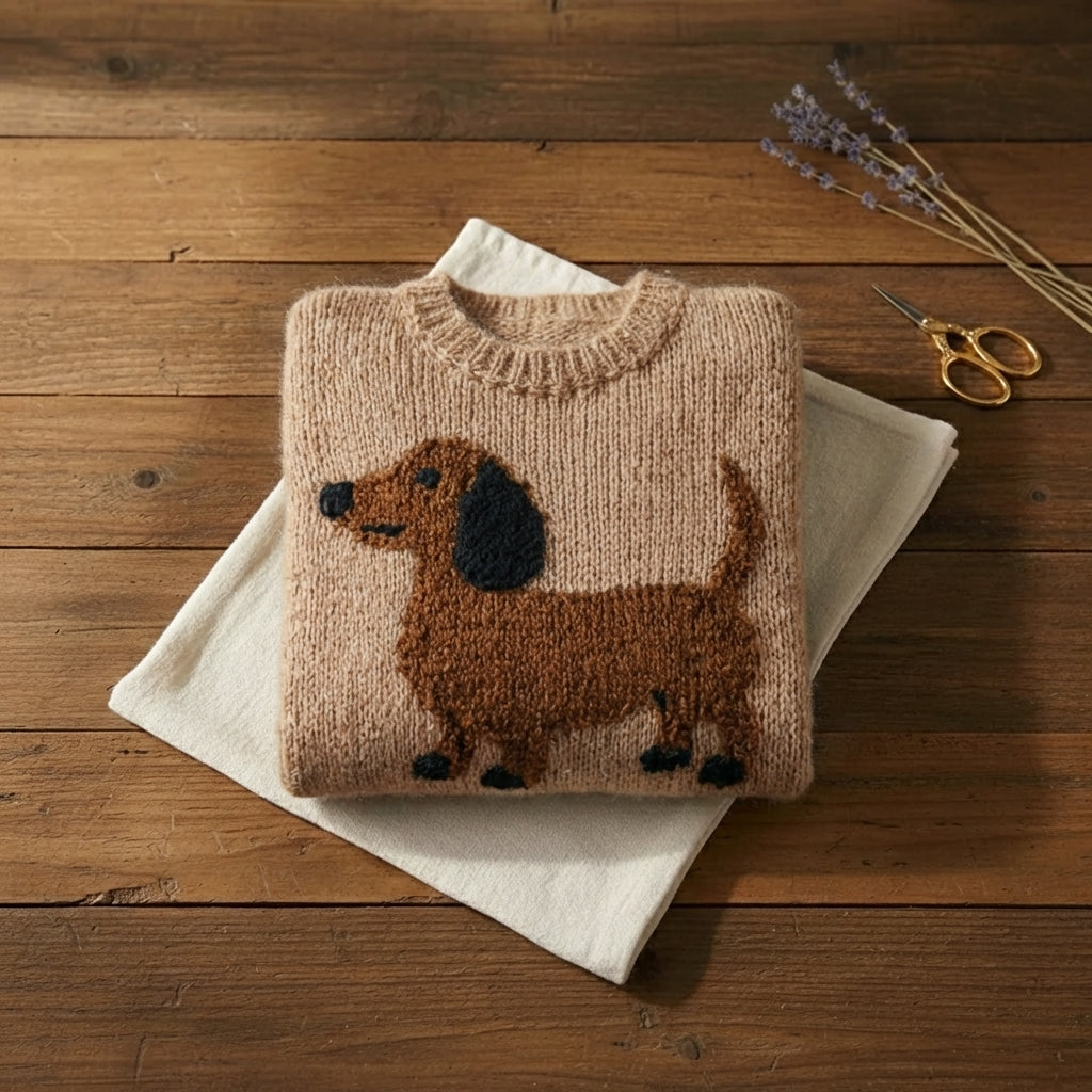Camel Dachshund Intarsia Crew Neck Knit Sweater