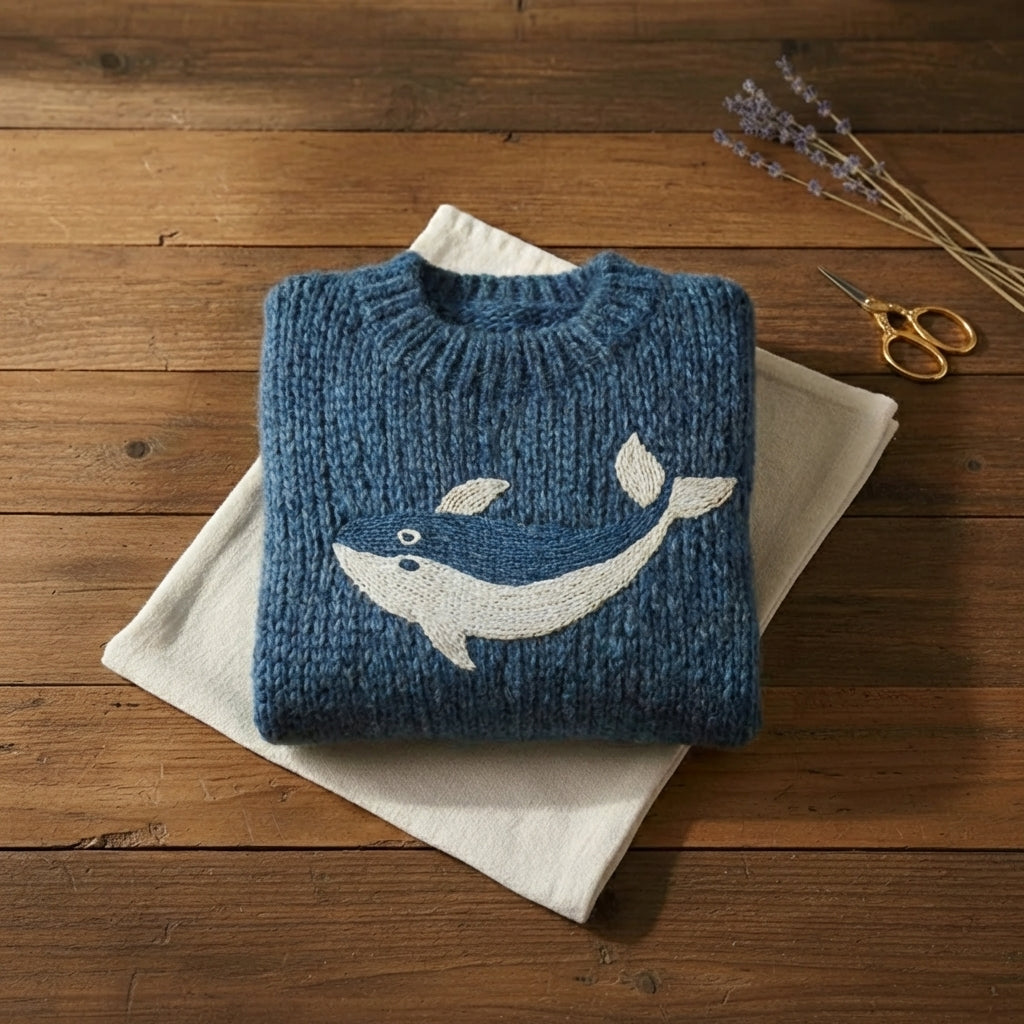 Ocean Blue Whale Intarsia Chunky Ribbed Crew Neck Sweater