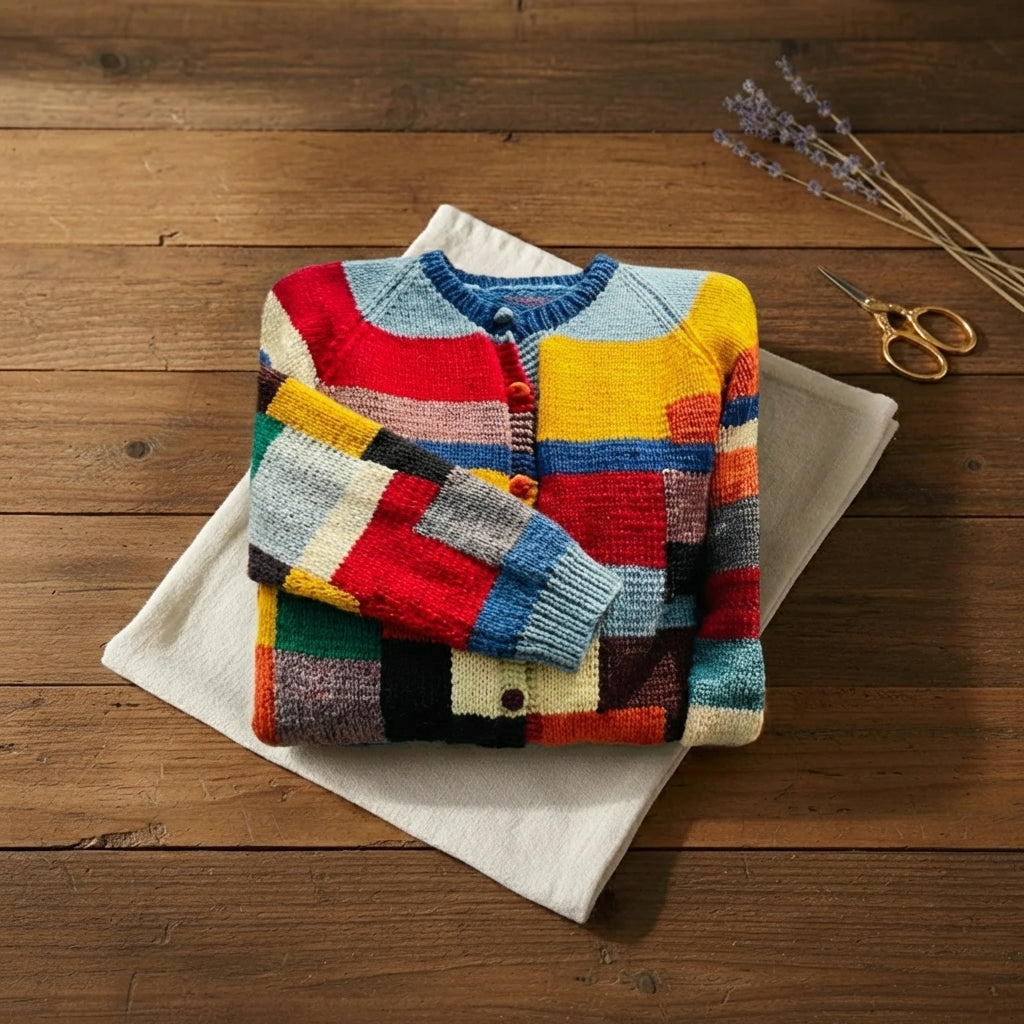 Primary Color Patchwork Block Button Front Knit Cardigan
