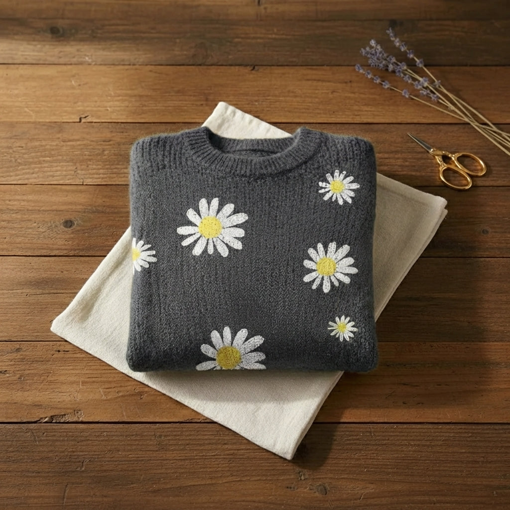 Charcoal Daisy All Over Intarsia Fluffy Crew Neck Sweater