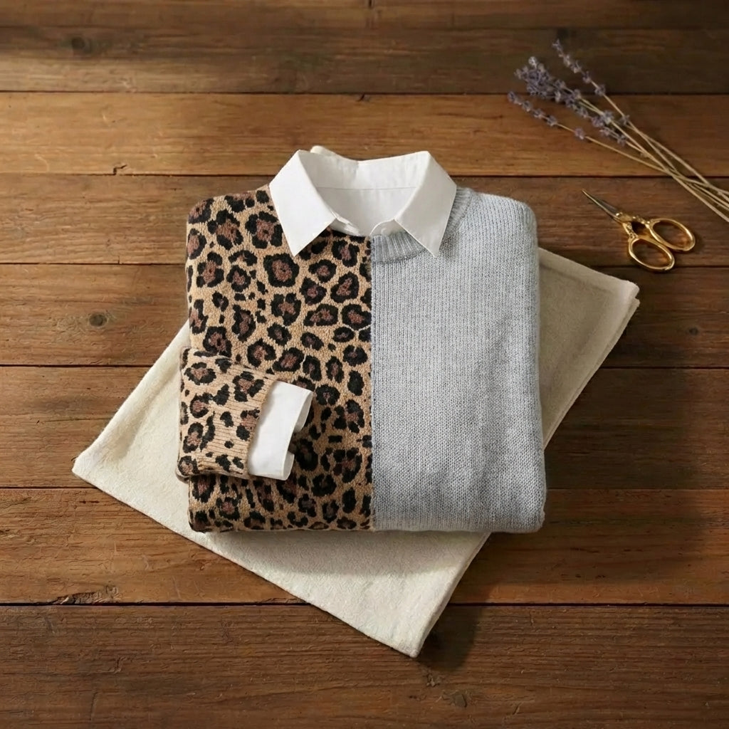 Leopard & Grey Colorblock Split Crew Neck Knit Sweater