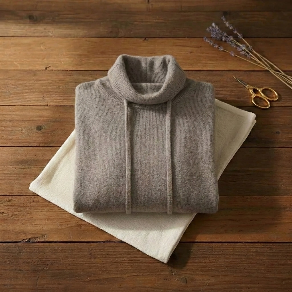 Warm Taupe Drawstring Cowl Neck Knit Pullover Sweater