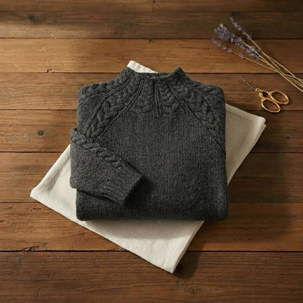 Stormy Cable Mock Neck Charcoal Raglan Knit Sweater