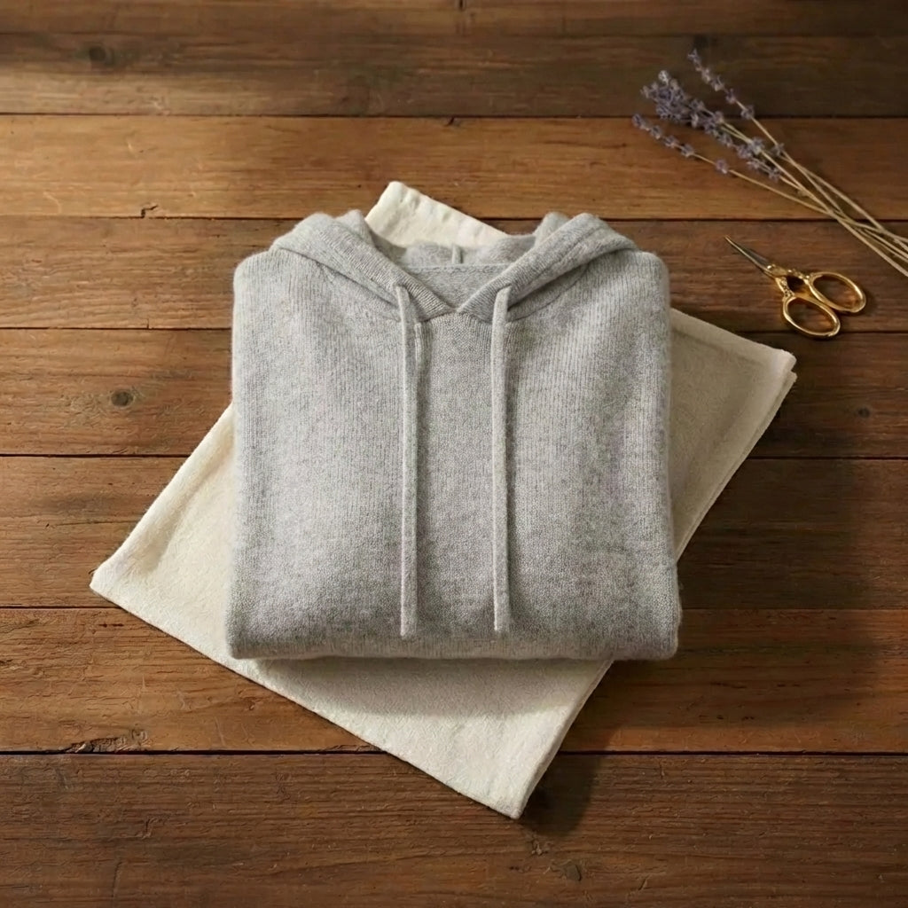Light Grey Brushed Knit Drawstring Hooded Pullover Sweater