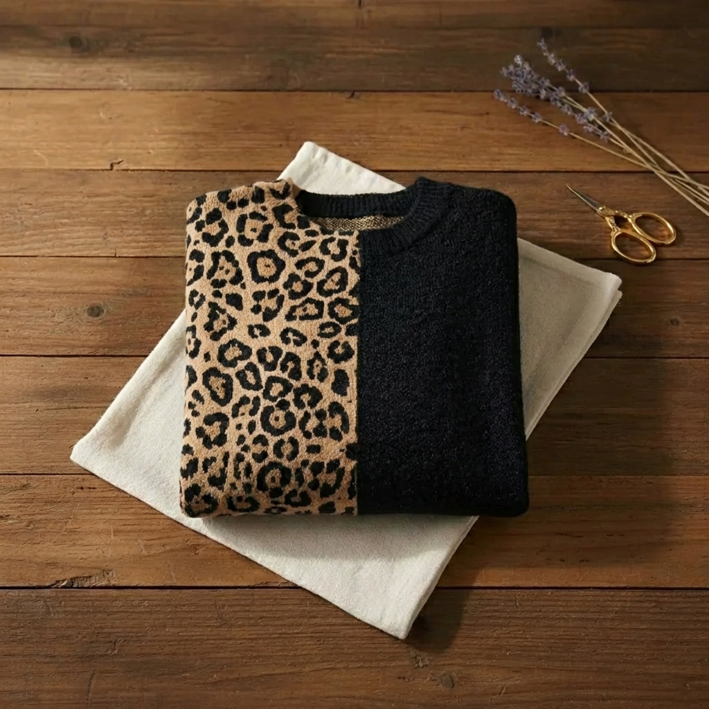 Night Prowl Colorblock Knit Leopard & Black Split Crewneck Sweater