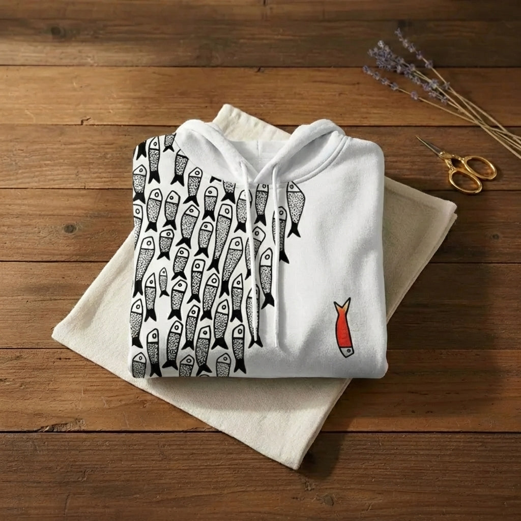 School Of Fish Graphic Print Drawstring Hoodie – White