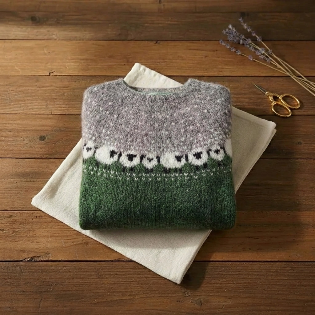 Meadow Green Sheep Intarsia Colorblock Knit Sweater