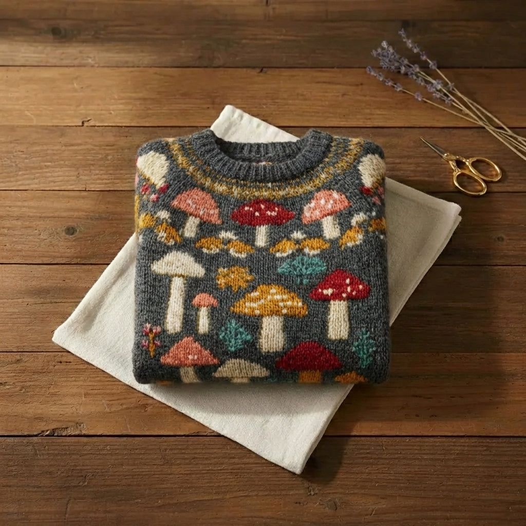 Enchanted Forest Mushroom Intarsia Knit Sweater