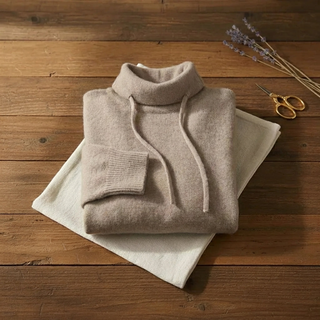 Cashmere Sand Drawstring Cowl Oatmeal Soft Knit Hooded Sweater