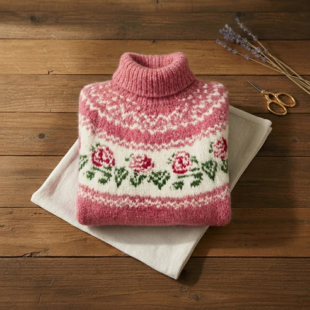 Rose Garden Floral Turtleneck Fair Isle Knit Sweater
