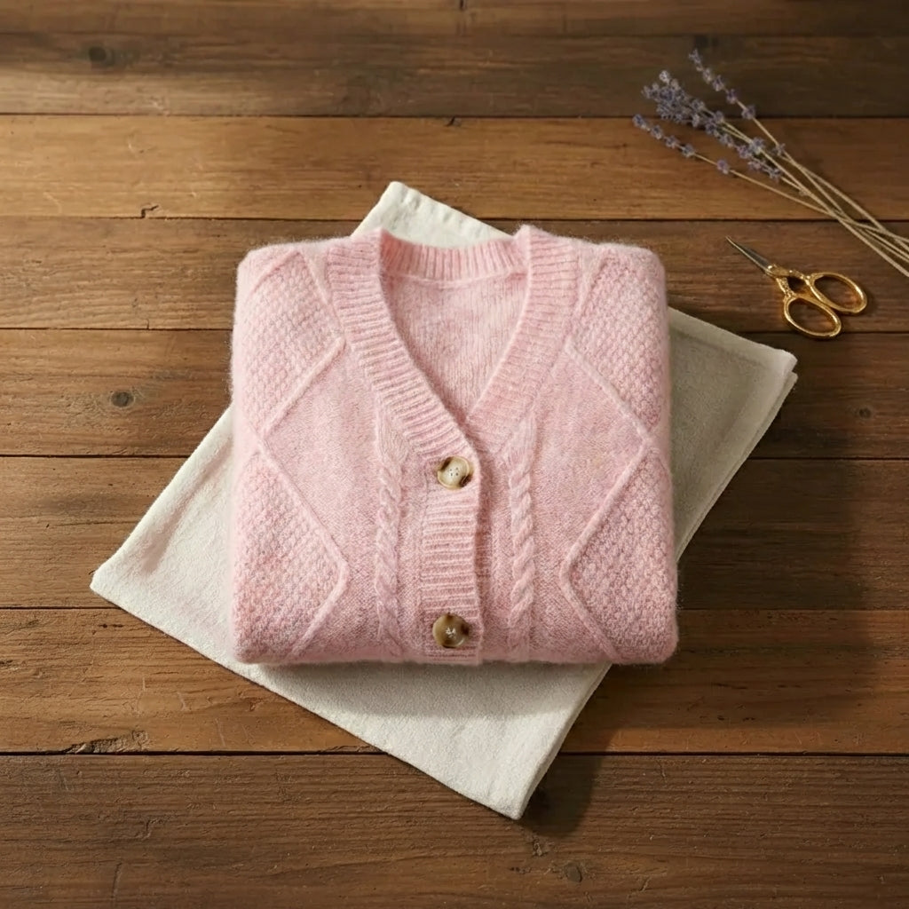 Blush Pink Diamond Cable Knit V Neck Button Cardigan