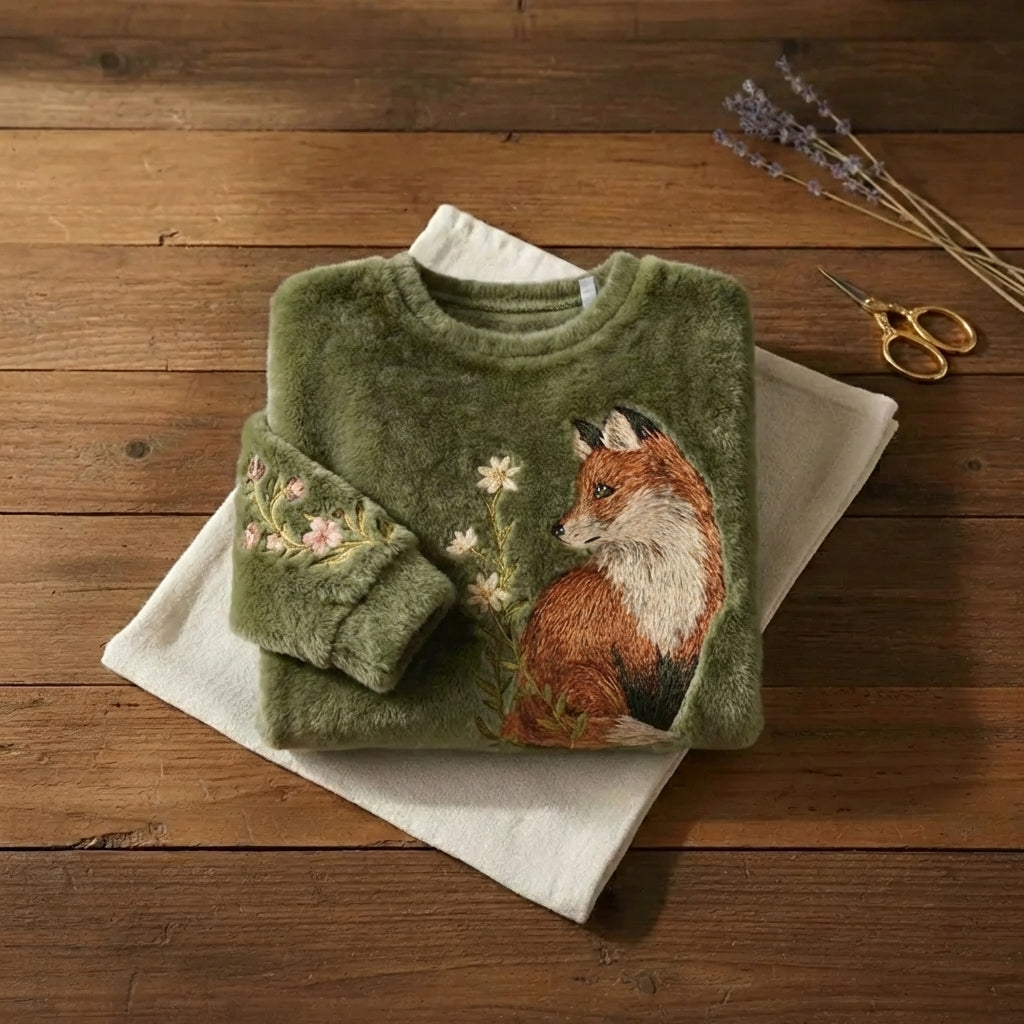 Forest Fox Embroidered Fleece Olive Green Plush Crewneck Sweatshirt