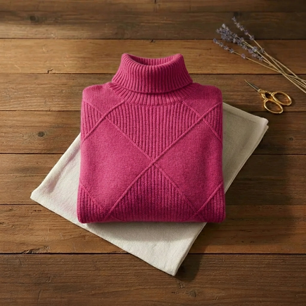 Raspberry Diamond Turtleneck Hot Pink Geometric Knit Sweater