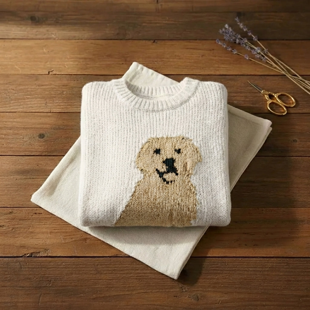 Golden Retriever Intarsia Crew Neck Sweater – White