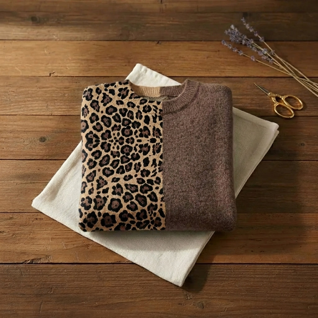 Wild Side Split Knit Leopard & Camel Colorblock Sweater