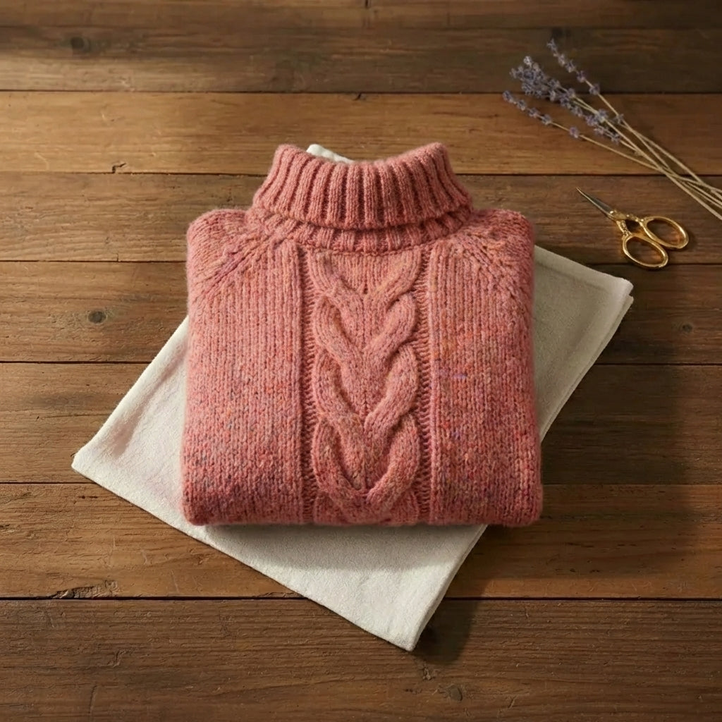 Berry Braid Mock Neck Dusty Rose Cable Knit Sweater