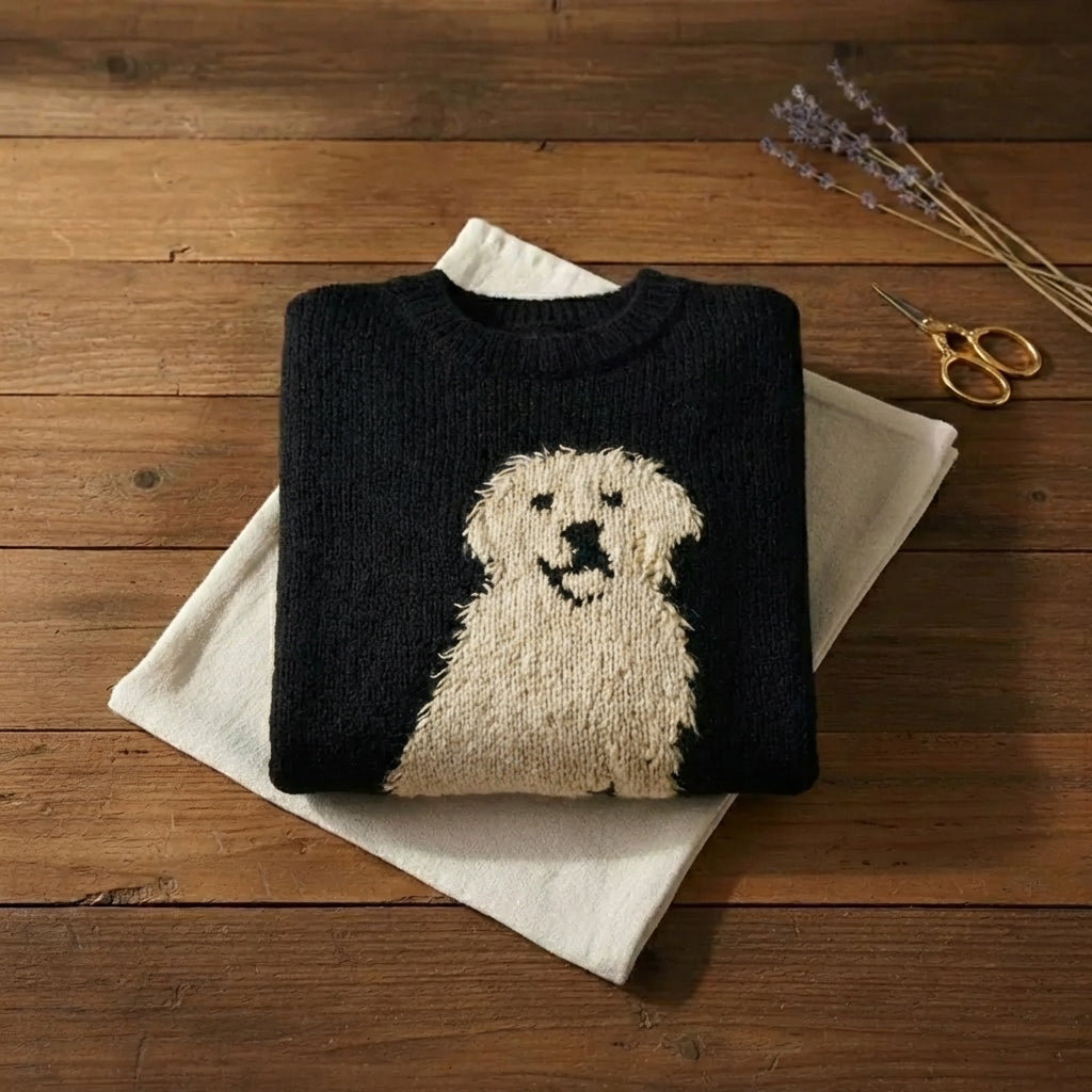Golden Retriever Intarsia Crew Neck Sweater – Midnight Black