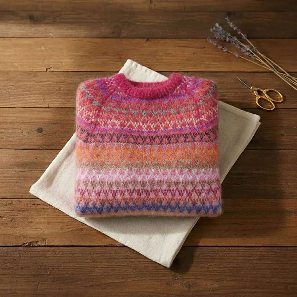 Berry Bloom Multicolor Fair Isle Mohair Crew Neck Sweater